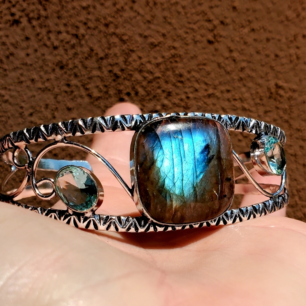 New Labradorite & Blue Topaz Silver Cuff Bracelet.